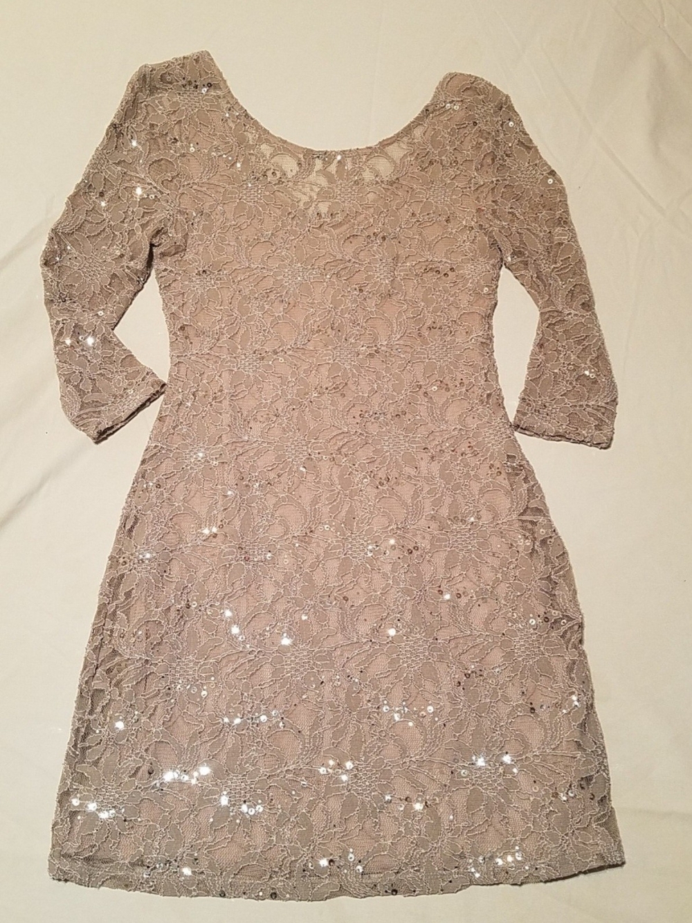 Chelsea & Violet Lace Sequin Scoop Neck Dress in Taupe